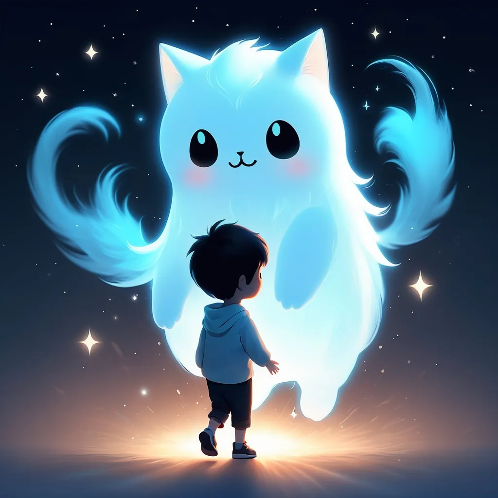 Prompt: small ghost cat being carried by a boy, cute cartoon, minimalist, will-o'-the-wisp glow 