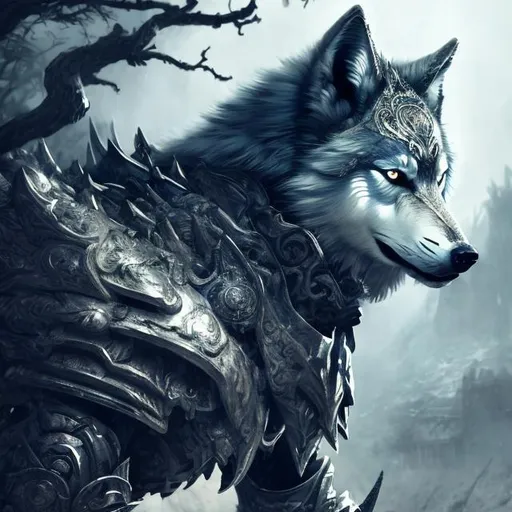 Prompt: Silver-armored wolf warrior, detailed armor with intricate engravings, fierce and determined expression, moonlit forest setting, ethereal and mystical atmosphere, high quality, digital painting, silver tones, moonlit lighting, intense gaze, powerful stance, fantasy art, detailed fur, mystical forest background