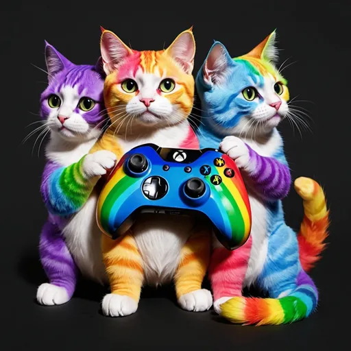 Prompt: five rainbow cats holding  a rainbow Xbox controller realistic
