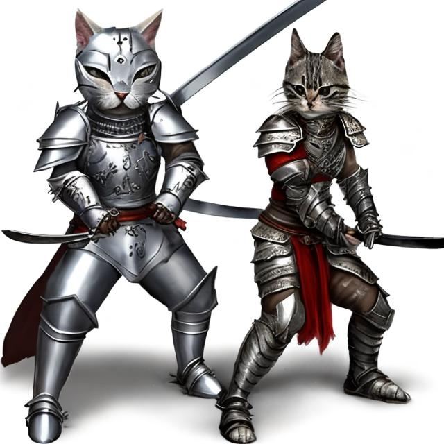 Prompt: cute cat and dog warrior in silver armor fighting with iron swords 
