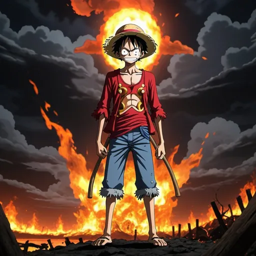 Prompt: 2d dark j horror anime style monkey d luffy anime scene in fiery waste land 