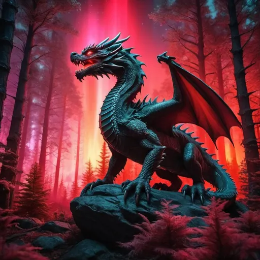 Prompt: wild dragon warrior siting in hyper realistic fantasy forest future seen with red northern lights above the wild dragon warrior