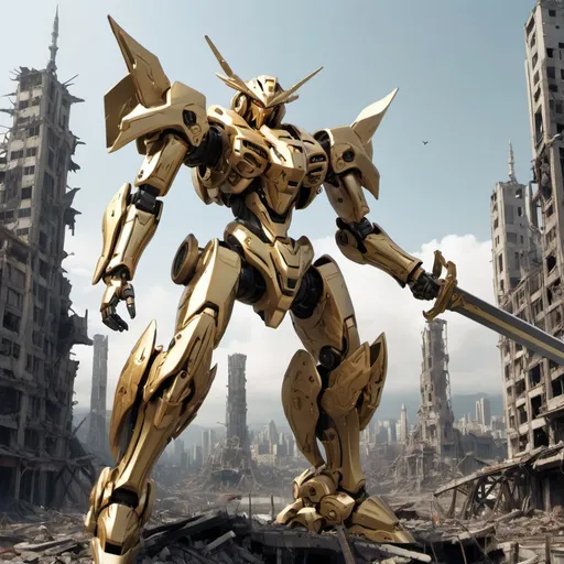 Prompt: A gold mecha with sleek but complex amour design holding a long sword and floating weapons surrounding it with a ruined city as background