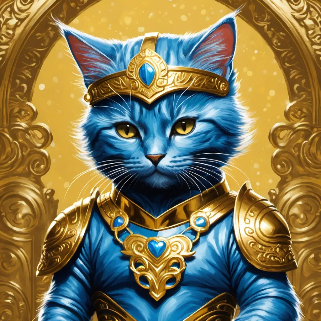 Prompt: blue kitten warrior in gold amour