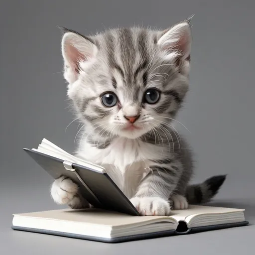 Prompt: adorable gray striped and white body  
kitten holding and nibbling a notebook  hyper realistic 