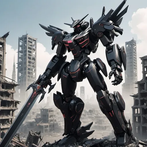 Prompt: A black mecha with sleek but complex amour design holding a long sword and floating weapons surrounding it with a ruined city as background
