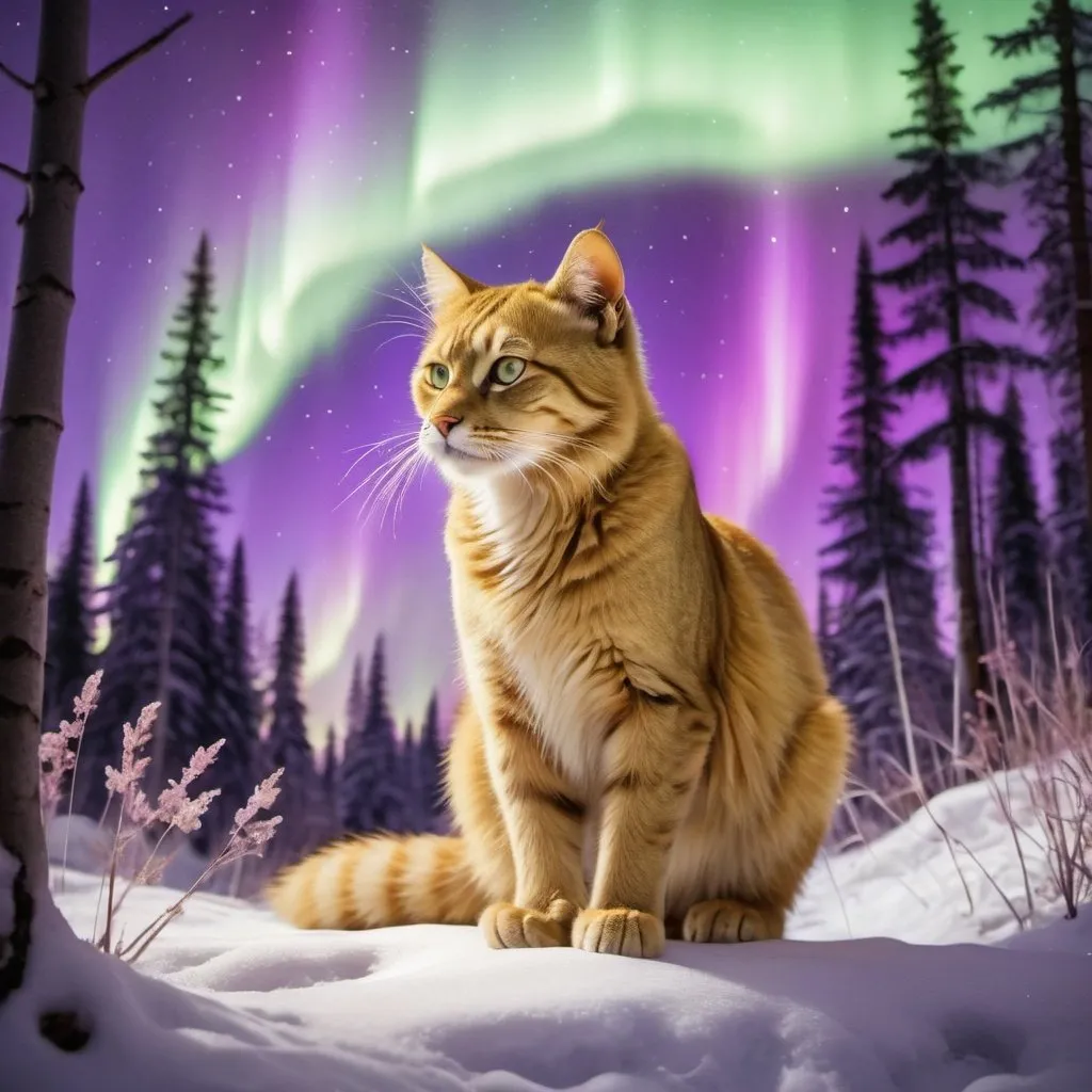 Prompt: a gold wild cat with white tummy in a beautiful forest with northern lights and  violet and gold beam coming down in the background