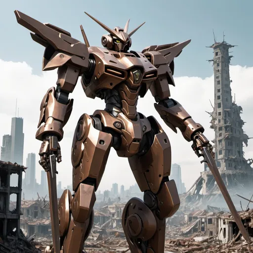 Prompt: A bronze mecha with sleek but complex amour design holding a long sword and floating weapons surrounding it with a ruined city as background