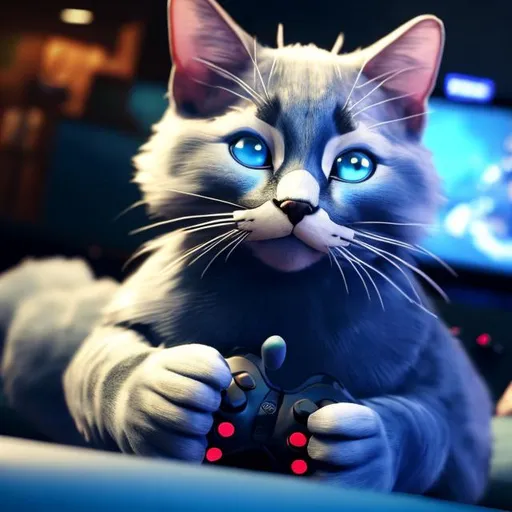 Prompt: blue cat playing video games