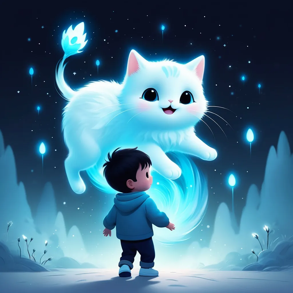 Prompt: small ghost cat being carried by a boy, cute cartoon, minimalist, will-o'-the-wisp glow 