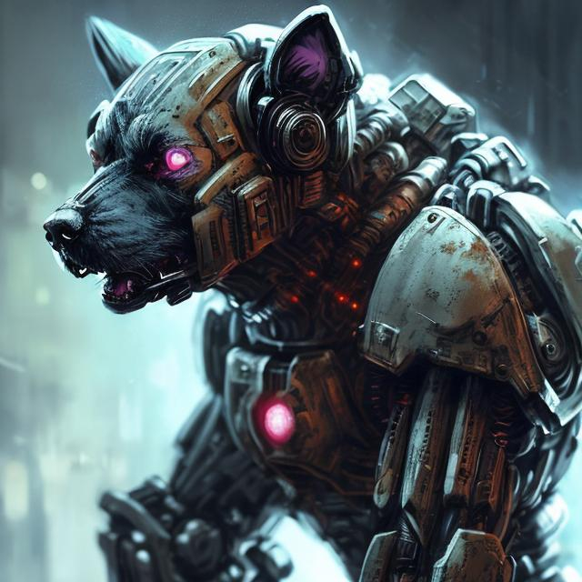 Prompt: Cute dog mutant soldier, digital art, cybernetic enhancements, futuristic armor, intense and focused gaze, high-tech weaponry, dynamic action pose, high quality, digital art, sci-fi, futuristic, detailed fur, cybernetic, intense gaze, futuristic armor, action pose, professional, atmospheric lighting