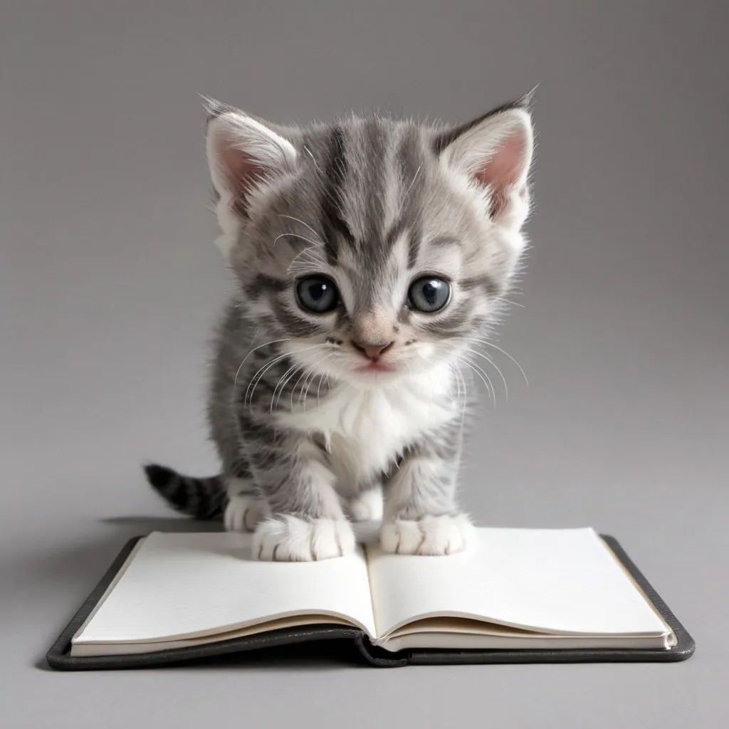 Prompt: adorable gray striped and white body  
kitten holding and nibbling a notebook  hyper realistic 