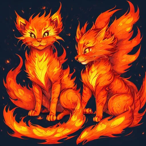 Prompt: Vibrant digital illustration of a fire kitten and fire puppy, bright warm tones, fantasy setting, dynamic poses, detailed fur with fiery highlights, intense and playful expressions, magical sparks and flames, best quality, highres, ultra-detailed, digital art, fantasy, vibrant warm tones, dynamic poses, fiery fur, intense expressions, magical sparks and flames, professional, dynamic lighting