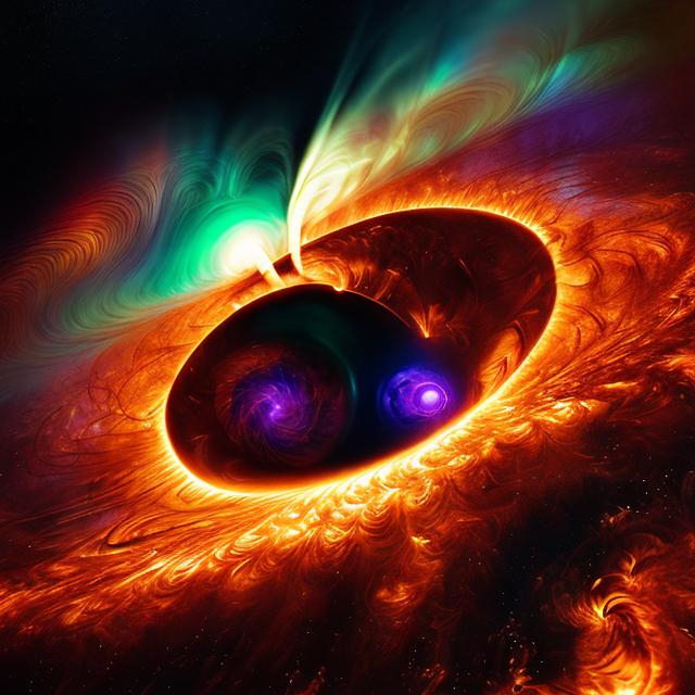 Prompt: Illustration of a thrilling solar storm, dramatic solar flares, intense magnetic fields, dynamic energy movement, high-res digital painting, vivid colors, sci-fi, futuristic, detailed solar flares, swirling magnetic fields, captivating visualization, intense atmosphere, high-quality, immersive, ebook cover, digital art, dynamic energy, futuristic, intense coloration, dramatic lighting