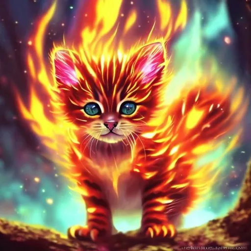 Prompt: Glowing fire kitten, anime, high quality, vibrant colors, intense gaze, detailed fur, magical setting, ethereal lighting