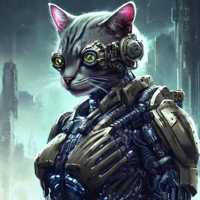 Prompt: Cute cat mutant soldier, digital art, cybernetic enhancements, futuristic armor, intense and focused gaze, high-tech weaponry, dynamic action pose, high quality, digital art, sci-fi, futuristic, detailed fur, cybernetic, intense gaze, futuristic armor, action pose, professional, atmospheric lighting