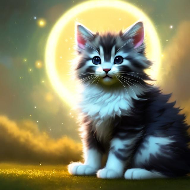 Prompt: Cute, yellow, fluffy, fantasy light kitten, with lighting, yellow eyes, yellow fur, and possessing the element of space and making circles of lighting stripes
 move around in the air in a magical way, in a space background. Perfect features, extremely detailed, realistic. Krenz Cushart + loish +gaston bussiere +craig mullins, j. c. leyendecker +Artgerm.