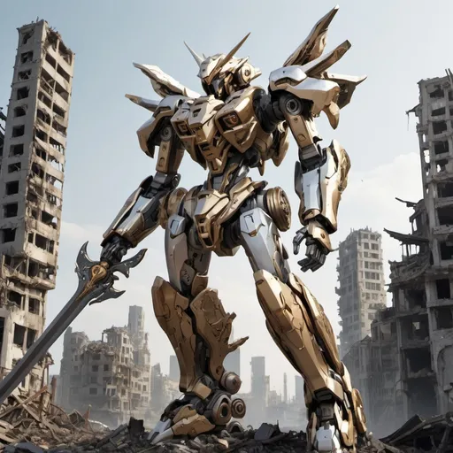 Prompt: A bronze silver and gold mecha with sleek but complex amour design holding a long sword and floating weapons surrounding it with a ruined city as background