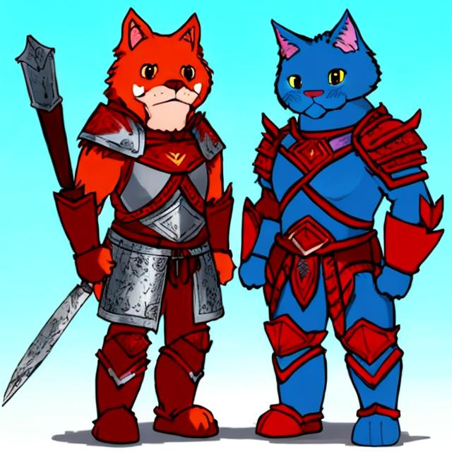 Prompt: cute red dog and blue cat warriors both in armor