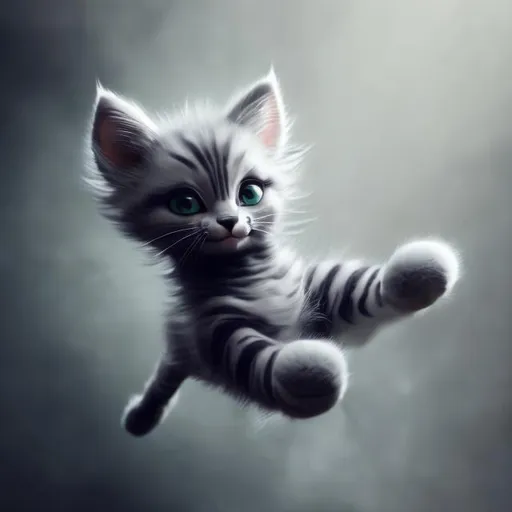 Prompt: Flying, ethereal gray-striped kitty, light gray body, cool-toned, detailed fur with subtle patterns, surreal floating, magical, high quality, artistic, cool tones, dreamy lighting, soft focus, graceful movement, detailed eyes