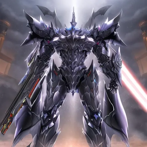 Prompt: HD 4k clear Armored Core last raven 
Mecha
Fantasy
Superhero  art of mechanical armor futuristic sleek crown shaped head, angular chest, right arm massive and powerful, left arm holding blaster,  rocket legs  showing data and statistics 