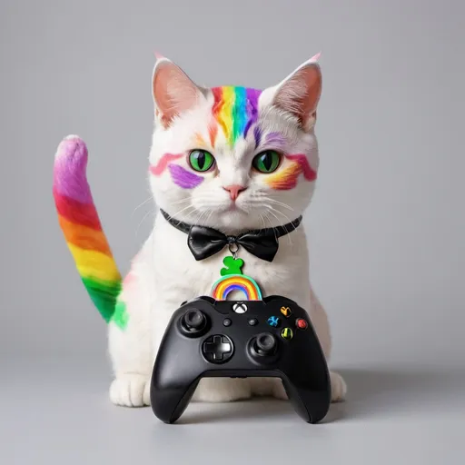 Prompt: rainbow cat holding  a rainbow Xbox controller