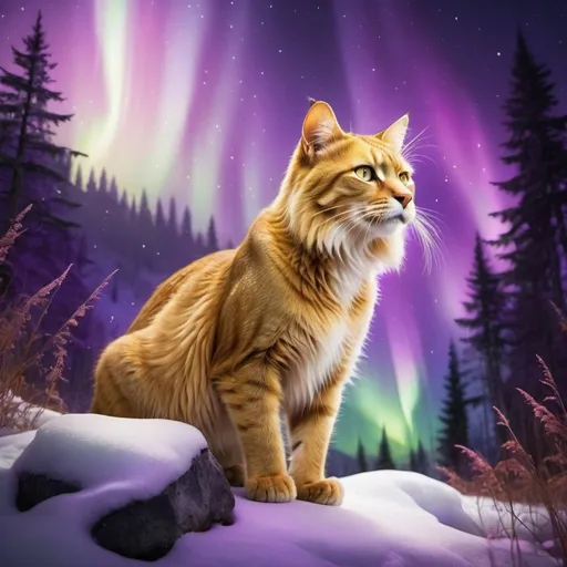 Prompt: a gold wild cat with white tummy in a beautiful forest with northern lights and  violet and gold beam coming down in the background fantasy scene