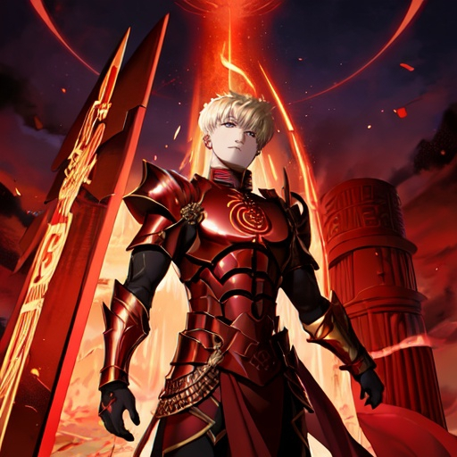 Prompt: Gilgamesh (fate), gate of Babylon, red skies, red eyes, black, red and gold armour 