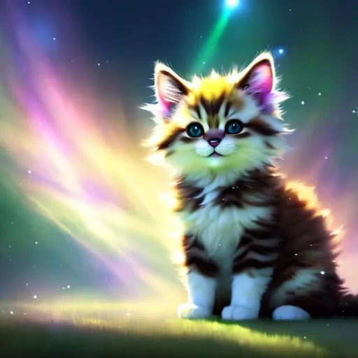 Prompt: Cute, yellow, fluffy, fantasy light kitten, with lighting, yellow eyes, yellow fur, and possessing the element of space and making circles of lighting stripes
 move around in the air in a magical way, in a space background. Perfect features, extremely detailed, realistic. Krenz Cushart + loish +gaston bussiere +craig mullins, j. c. leyendecker +Artgerm.