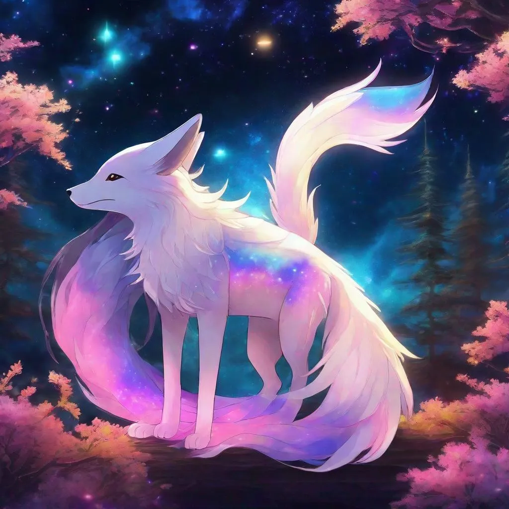 Prompt: Colorful translucent kyūbi no kitsune, glowing, nebula, glitter, den beneath the stars, bioluminescent, best quality, highres, concept art