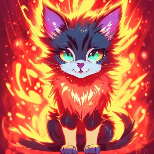 Prompt: Glowing red anime illustration of a playful kitten, vibrant red and fiery orange hues, magical fantasy setting, sparkling pixie dust in the background, vibrant fur with glowing highlights, cute and mischievous expression, magical collar with glowing symbols, best quality, highres, ultra-detailed, anime, fantasy, vibrant tones, magical, detailed eyes, adorable design, professional, enchanting lighting