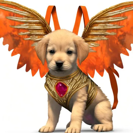 Prompt: orange warrior puppy in gold amour with ruby in the center and angel wings anime 
