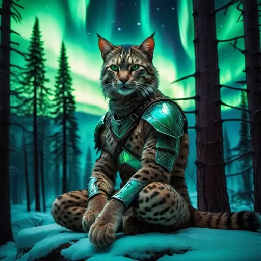 Prompt: wild cat warrior siting in hyper realistic fantasy forest future seen with northern lights above the wild cat warrior 