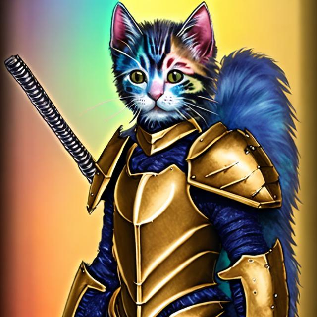 Prompt: rainbow kitten warrior in gold armor