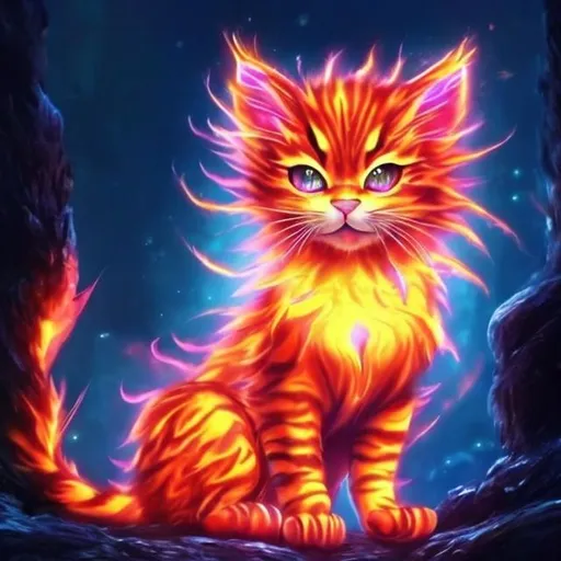 Prompt: Glowing fire kitten, anime, high quality, vibrant colors, intense gaze, detailed fur, magical setting, ethereal lighting