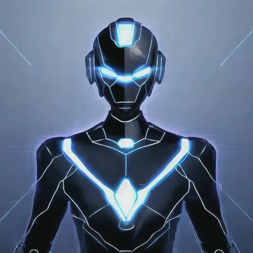 Prompt: boy black robot outlined in blue wireframe light
