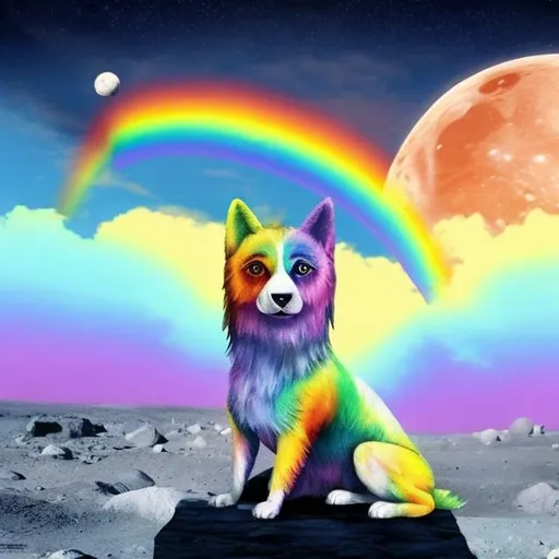 Prompt: cute rainbow dog on the moon