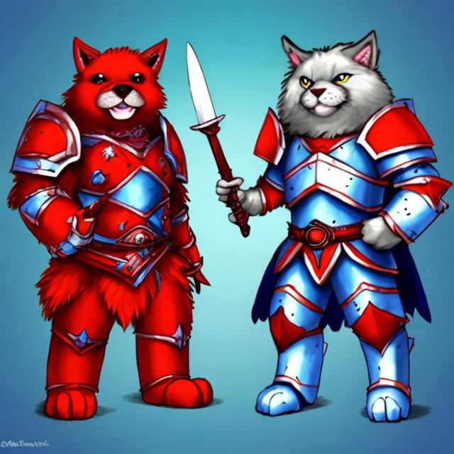 Prompt: cute red dog and blue cat warriors both in armor