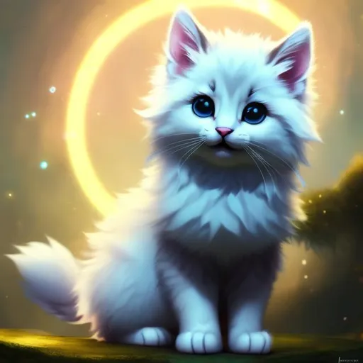 Prompt: Cute, yellow, fluffy, fantasy light kitten, with lighting, yellow eyes, yellow fur, and possessing the element of space and making circles of lighting stripes
 move around in the air in a magical way, in a space background. Perfect features, extremely detailed, realistic. Krenz Cushart + loish +gaston bussiere +craig mullins, j. c. leyendecker +Artgerm.