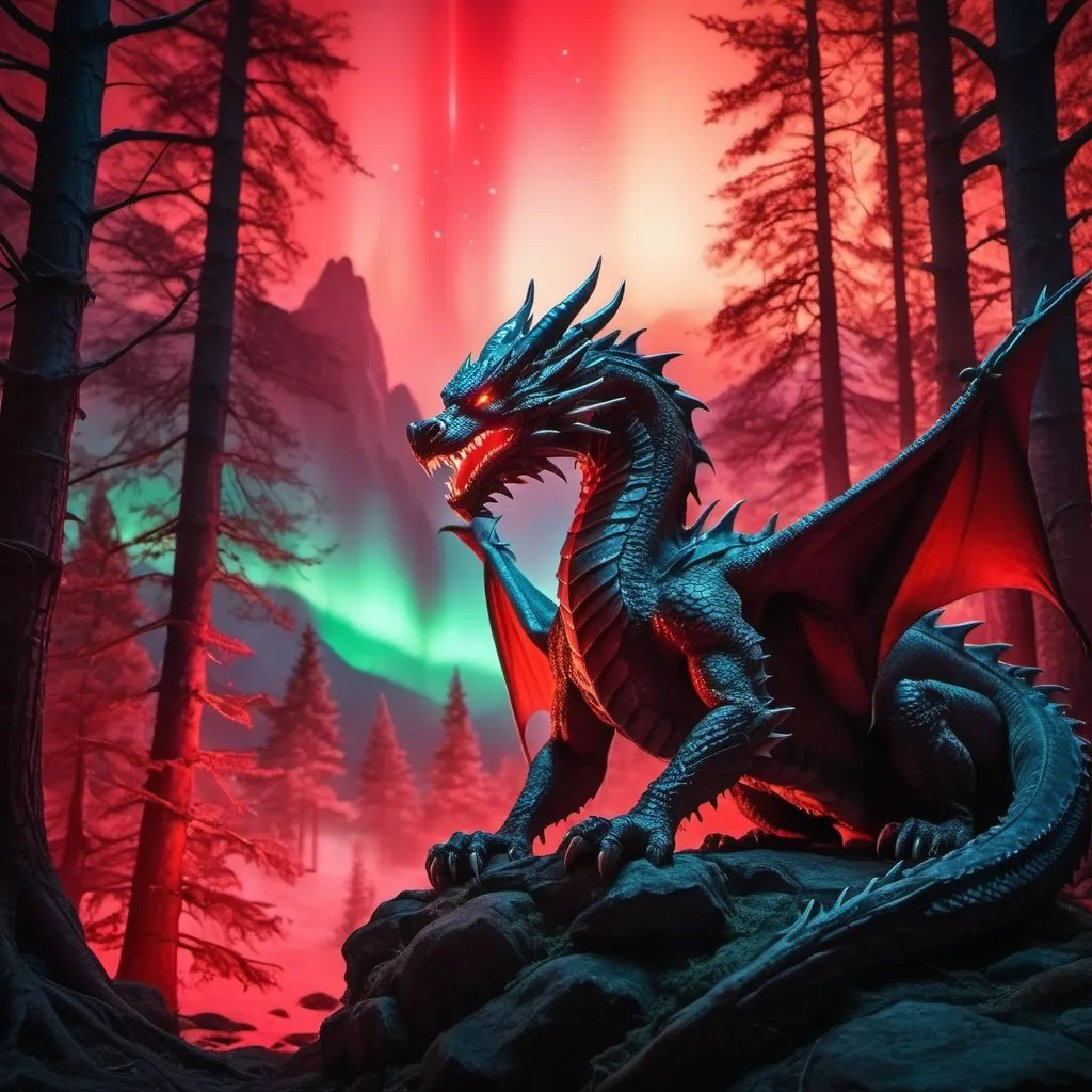 Prompt: wild dragon warrior siting in hyper realistic fantasy forest future seen with red northern lights above the wild dragon warrior