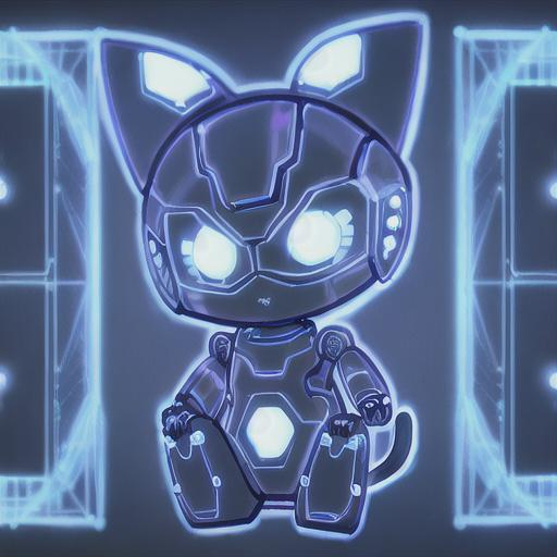 Prompt: cute kitten black robot outlined in blue wireframe light