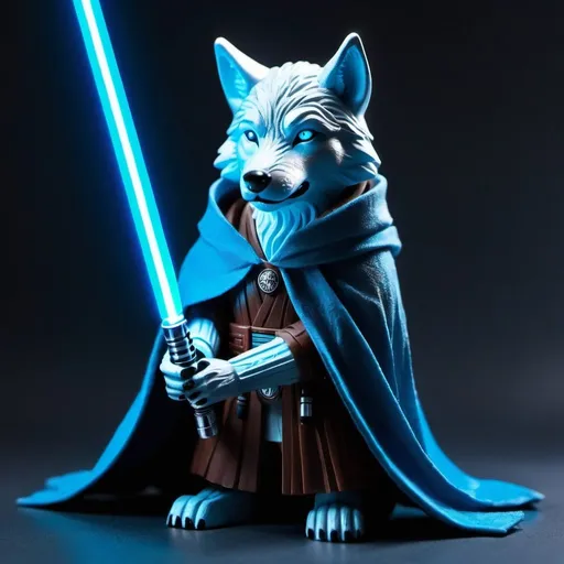 Prompt: light blue glowing wolf with a jedi cloak and blue light saber