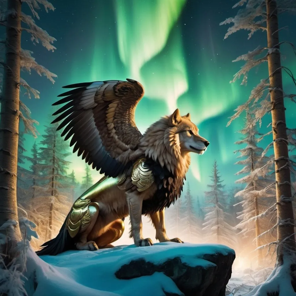 Prompt: wild Griffin warrior siting in hyper realistic fantasy forest future seen with gold northern lights above the wild Griffin warrior