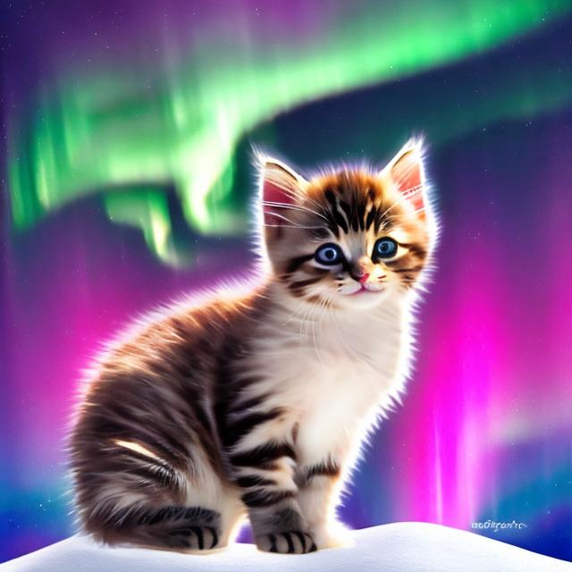 Prompt: cute kitten in rainbow armor on the northern lights