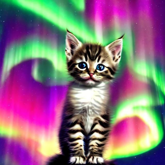 Prompt: cute kitten in rainbow armor on the northern lights