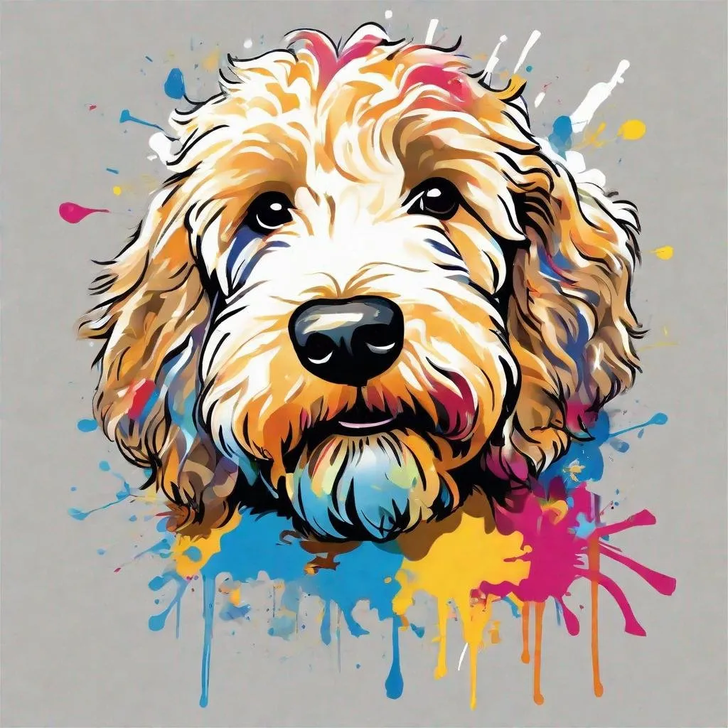 Prompt: Colorful graffiti illustration of a Goldendoodle, paint splashes, vector t-shirt art, white background


