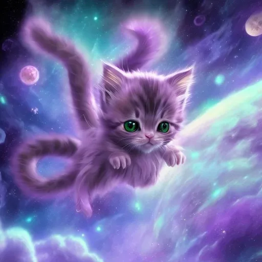 Prompt: a glowing purple kitten anime in space flying