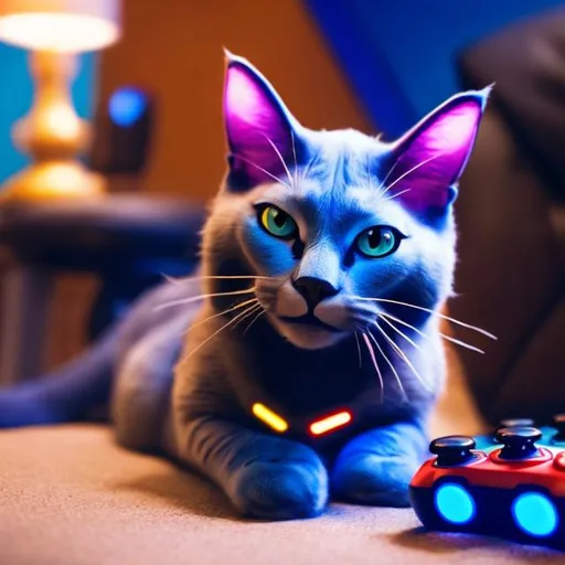 Prompt: blue cat playing video games