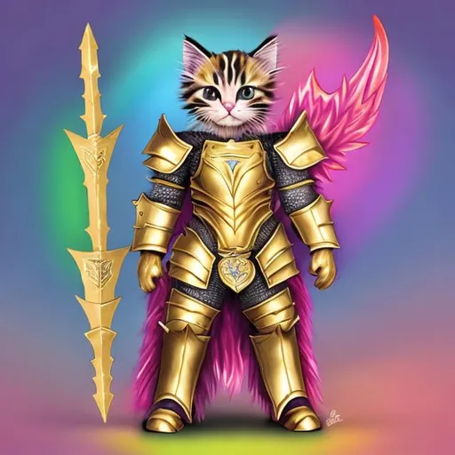 Prompt: rainbow kitten warrior in gold armor