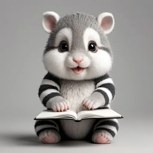 Prompt: adorable gray striped and white body  holding and nibbling a notebook  hyper realistic 